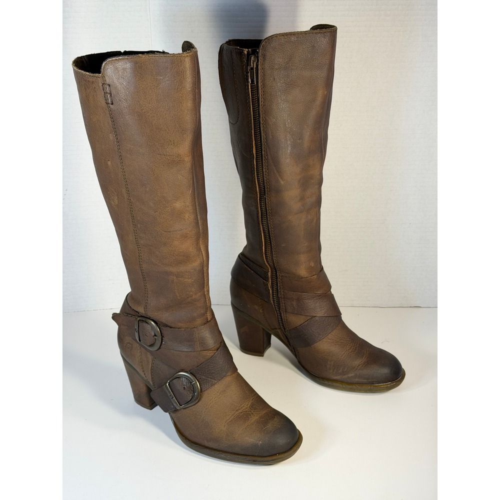 Born Crown Brown Leather Tall Knee High Buckle Moto Boots Block Heel Womens 8 - Picture 3 of 14